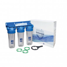 AquaFilter Пластиковая резьба 1/2" двойная система  с прозрачными стаканами. В комплекте ключ, бактериостатические диски-стабилизаторы