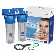 AquaFilter Пластиковая резьба 1/2" двойная система  с прозрачными стаканами, комплекте ключ, бактериостатические диски-стабилизаторы
