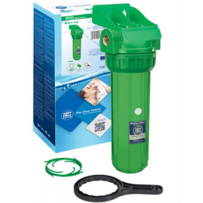 AquaFilter с латунной резьбой 1", 6 bar, антибактериальный, устойчив к УФ, трёхэлементный прозрачный натрубный корпус фильтра 10", возд. клапан, с кронштейном