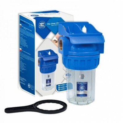 AquaFilter 5" латунная резьба 1", 6 bar, трехэлементный прозрачный натрубный корпус фильтра, воздушный клапан, комплект кронштейн, ключ, упаковка.