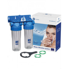 AquaFilter латунная резьба 1/2" двойная система с прозрачными стаканами. В комплекте ключ, бактериостатич. диски-стабилизаторы