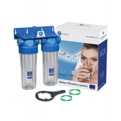 AquaFilter латунная резьба 1/2" двойная система с прозрачными стаканами. В комплекте ключ, бактериостатич. диски-стабилизаторы