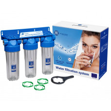 AquaFilter Латунная резьба 1/2" тройная система с прозрачными стаканами. В комплекте ключ, бактериостатич. диски-стабилизаторы