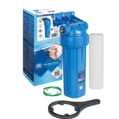AquaFilter 10" резьба 1", 6 bar, 2 упл. кольца, натрубный корпус фильтра с синим стаканом, возд. клапан, лат. + ключ, кронштейн. Картридж