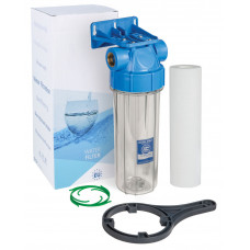 AquaFilter 10" резьба 1", 6 bar, 2 упл. кольца, натрубный корпус фильтра с прозр. стаканом, возд. клапан, лат.  + ключ, кронштейн. Картридж
