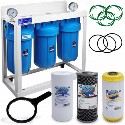 AquaFilter 3-BB10 резьба 1" тройная система корпусов типа "Big Blue" 10" на металлической монтажной рамке