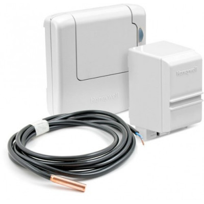 Honeywell ATF500DHW Комплект для управления баком-накопителем системы ГВС. Состоит из погружного сенсора, накладного сенсора, RF - передатчика и релейного модуля управления клапаном или насосом BDR91A1000