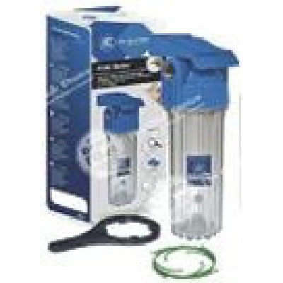 AquaFilter 10" Прозрачный усиленный натрубный корпус фильтра, с латунной резьбой 1", 10 bar, 2 уплотнит. кольца, возд. клапан, с кронштейном, ключем, в