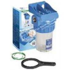 AquaFilter 5" латунная резьба 3/4", 6 bar, трехэлементный прозрачный натрубный корпус фильтра, воздушный клапан, комплект кронштейн, ключ, упаковка.